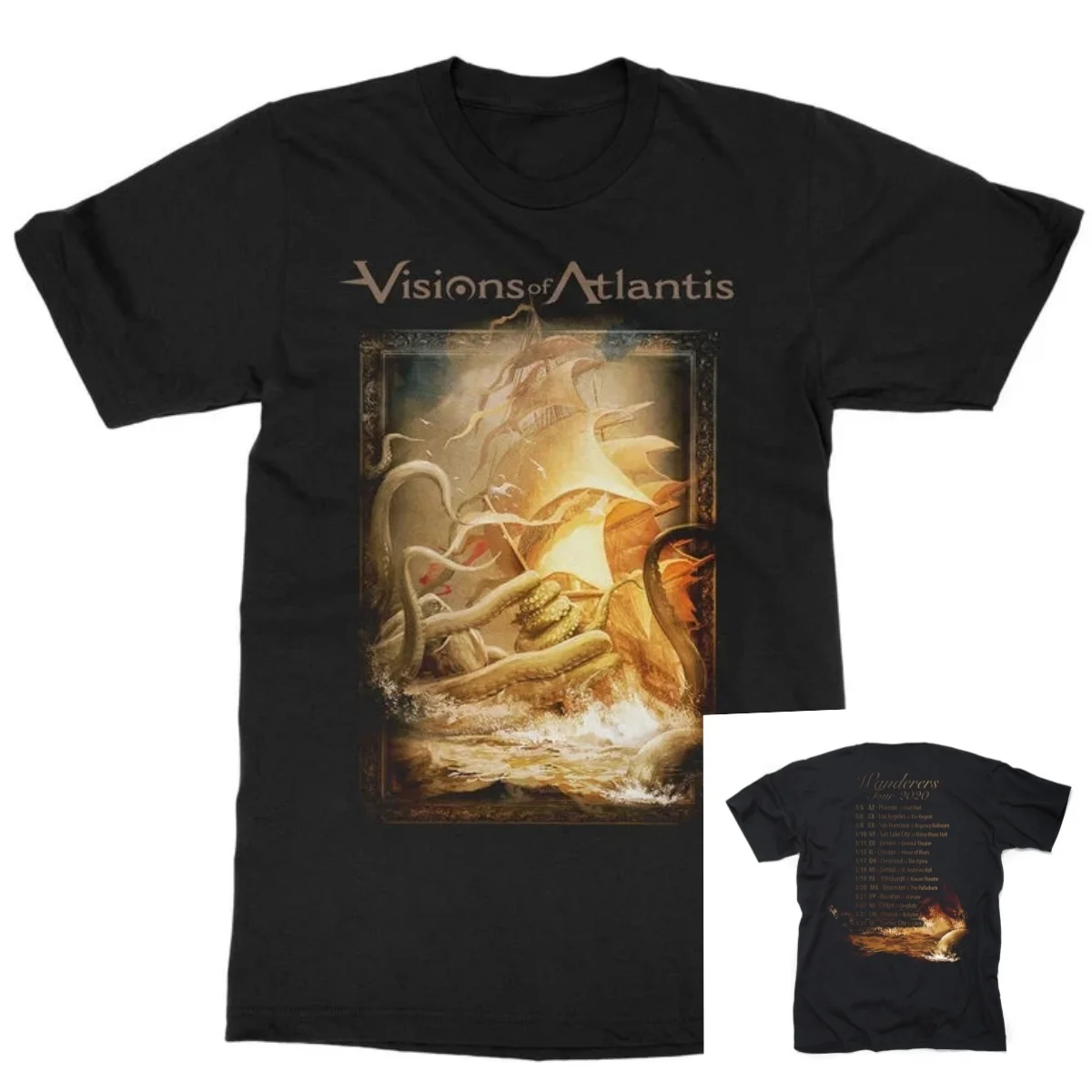 Visions of Atlantis Band Double Sided T Shirt, Giant Kraken Tentacle Wrap Ancient Ship Wanderers Tour 2020 Vintage