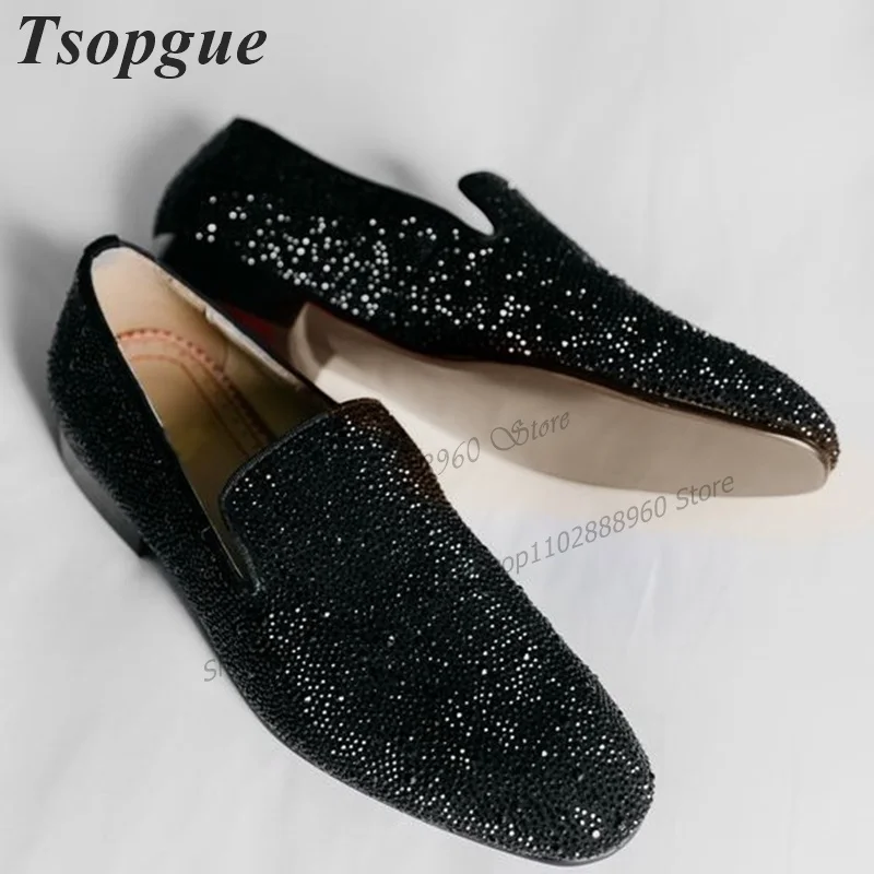 Black Exquisite Crystal Decor Shoes For Men Men's Dress Pumps Slip-On Runway Casual Party Shoes 2023 Fashion Zapatillas Mujer