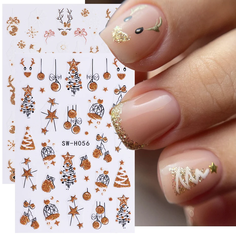 2 stücke Cartoon Weihnachten Nagel Aufkleber Glitter Gold Schneeflocke Rentier Handschuh Weihnachten Baum Nagel Slider Aufkleber DIY Maniküre Dekoration