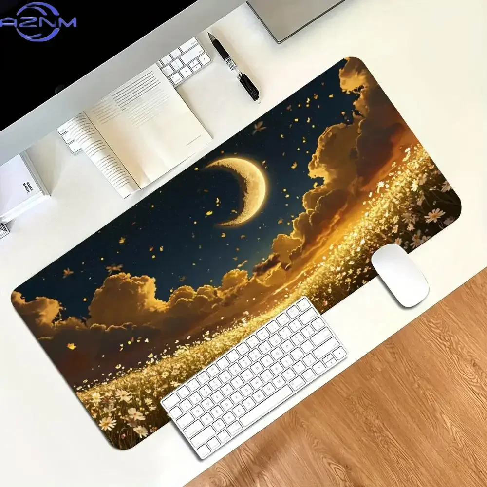Floral Crescent Moon Starry Print Large Gaming Mousepad Non-slip Rubber Base Stitched Edge Office Keyboard Workstation Platform