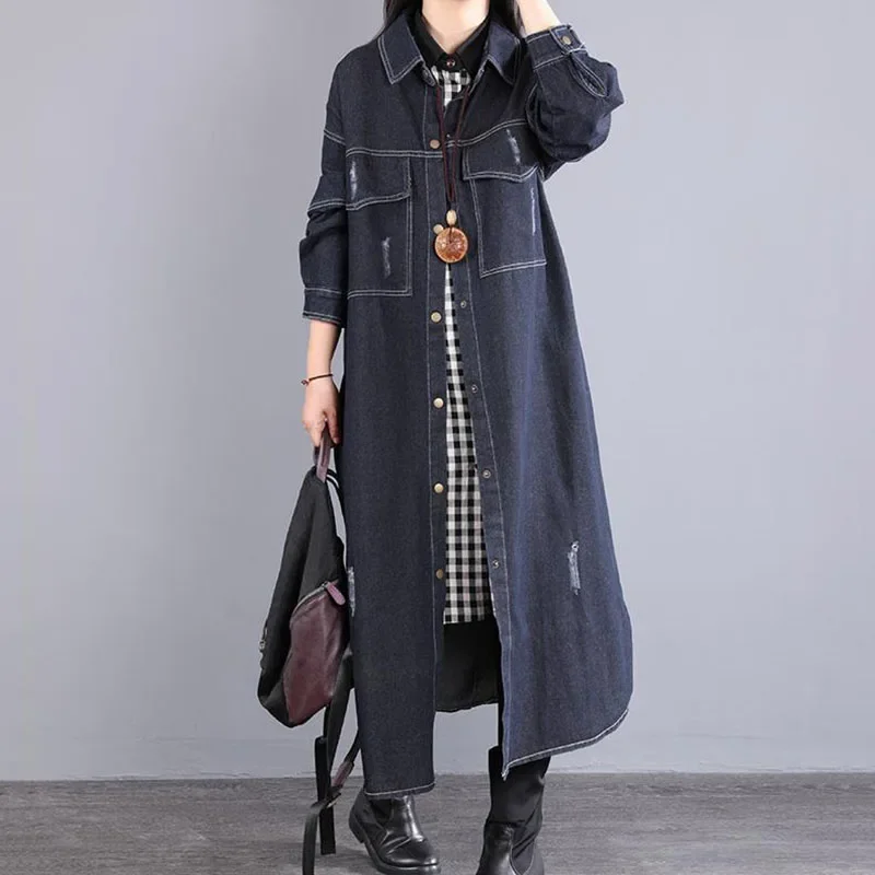 Große Größe frauen Koreanische Denim Hemd Kleid Frühling Lose Lange Denim Mantel Weibliches Hemd Lange Kleider einreiher JJ628