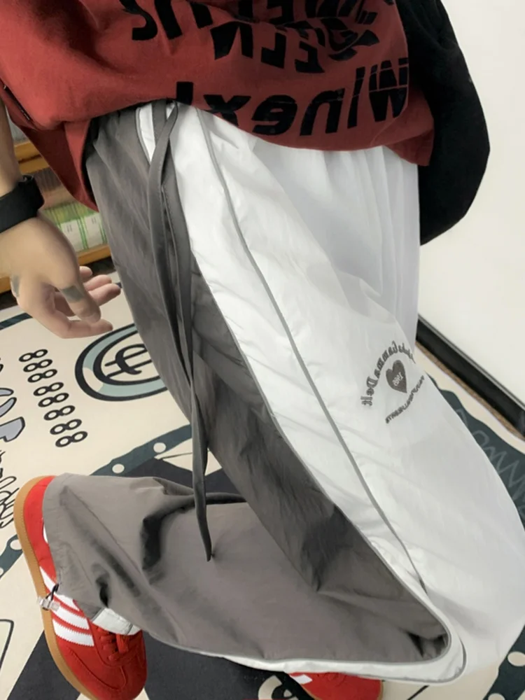 

American Sle ay White Work Trousers Men Summer Unique Splicing Qui Dry Ice Silk Pants High Street Straight Soldier Pants