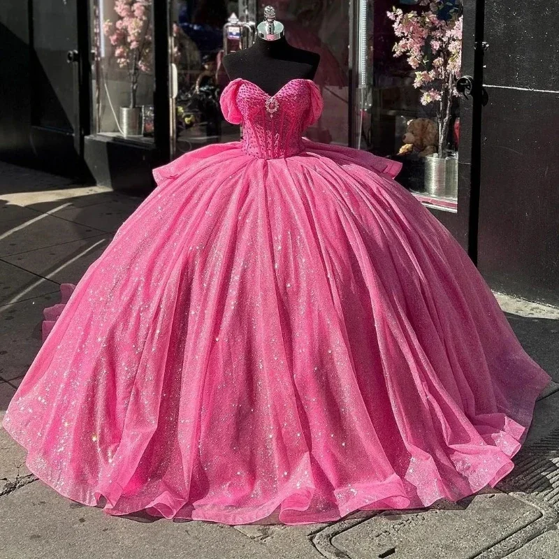 Angelsbridep 2024 New Watermelon Red Quinceanera Dresses Luxury Beads Crystal Big Bow Princess Birthday Party Dresses Ball Gown