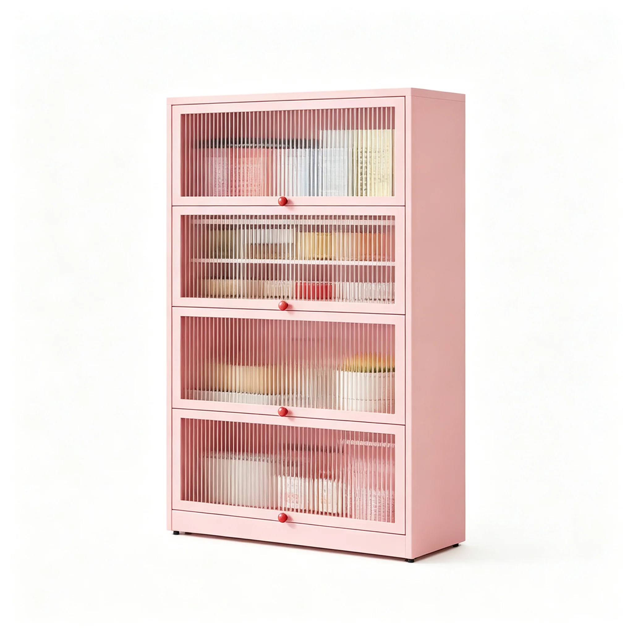 Cherry Blossom Pink 3-Tier Flip-up Fluted Glass Storage Cabinet H123W100D35cm All Steel Bookcase Sideboard For Living Room