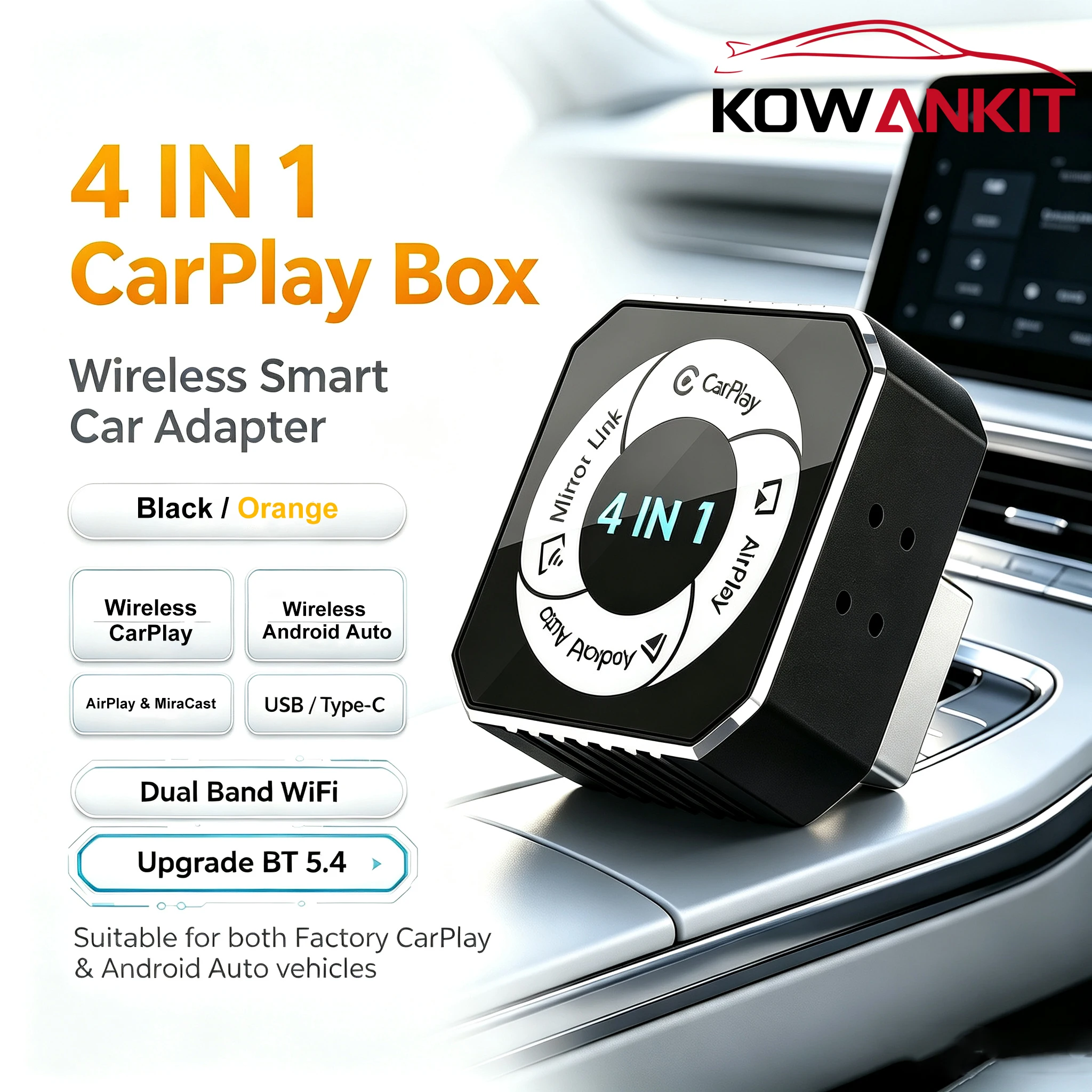 Adaptateur CarPlay sans fil 4-en-1 2026 pour Apple ou Android Auto, connexion Mirror Link, projection d'écran AirPlay, mini adaptateur