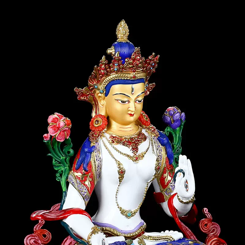 White Tara Statue, Brass Hand-Painted Tibetan Buddhist Figurine, Sitatara Bodhisattva for Home Altar Shrine, Spiritual Meditatio