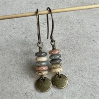 Retro Multi Color Chip Stone Drop Earrings For Women  Brass Ox Color Round Disc Fishhook Long Earrings Vintage Bohemia Jewelry