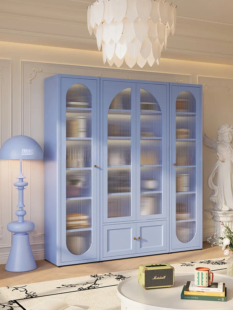 Wrought iron bookcase, household bookshelf with glass door, integrated whole wall combination floor display cabinet