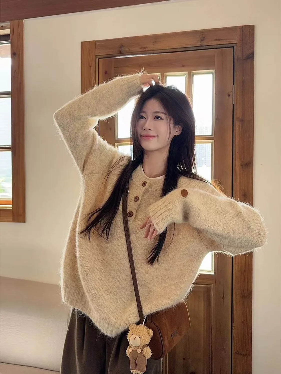 لينة مريحة زر حتى المرأة سترة فضفاضة كسول تنوعا تريكو الخريف الشتاء أعلى تخفيف Sle Thi سترة دافئة منفوش #3