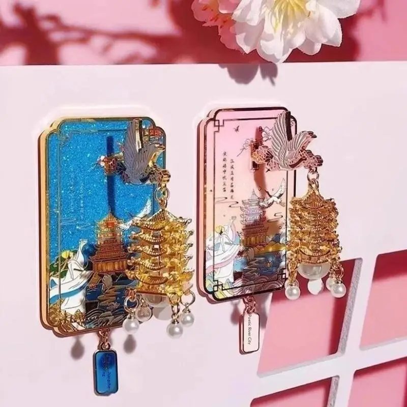 Unique Chinese Style LED Fridge Magnet , Light Up Metal Souvenir Of Yellow Crane Tower With Cherry Blossom Gift