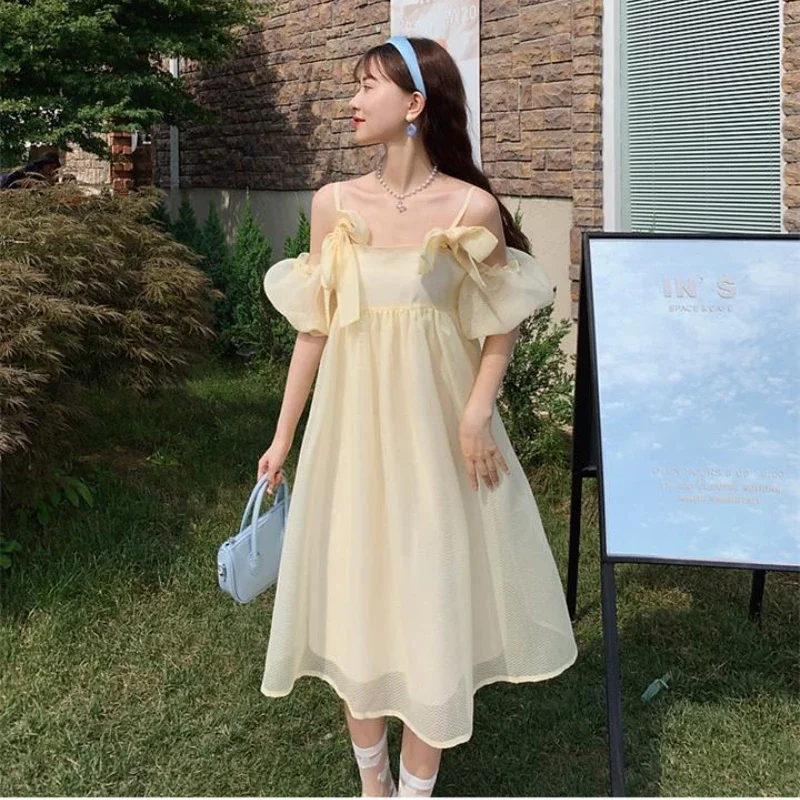 Sweet Sleeveless Dress Women Bow Princess Style Summer A-line Dating Party Casual Trendy Vestdios Female Girls Korean Version