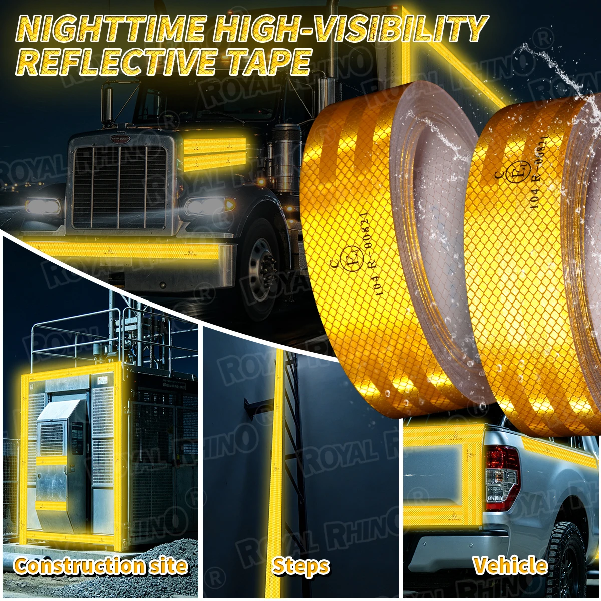 1Roll 104R High-Strength Car Reflective Tape Yellow Safety Sign Warning Tape Self-Adhesive Strip Truck Car Truck Reflective Tape