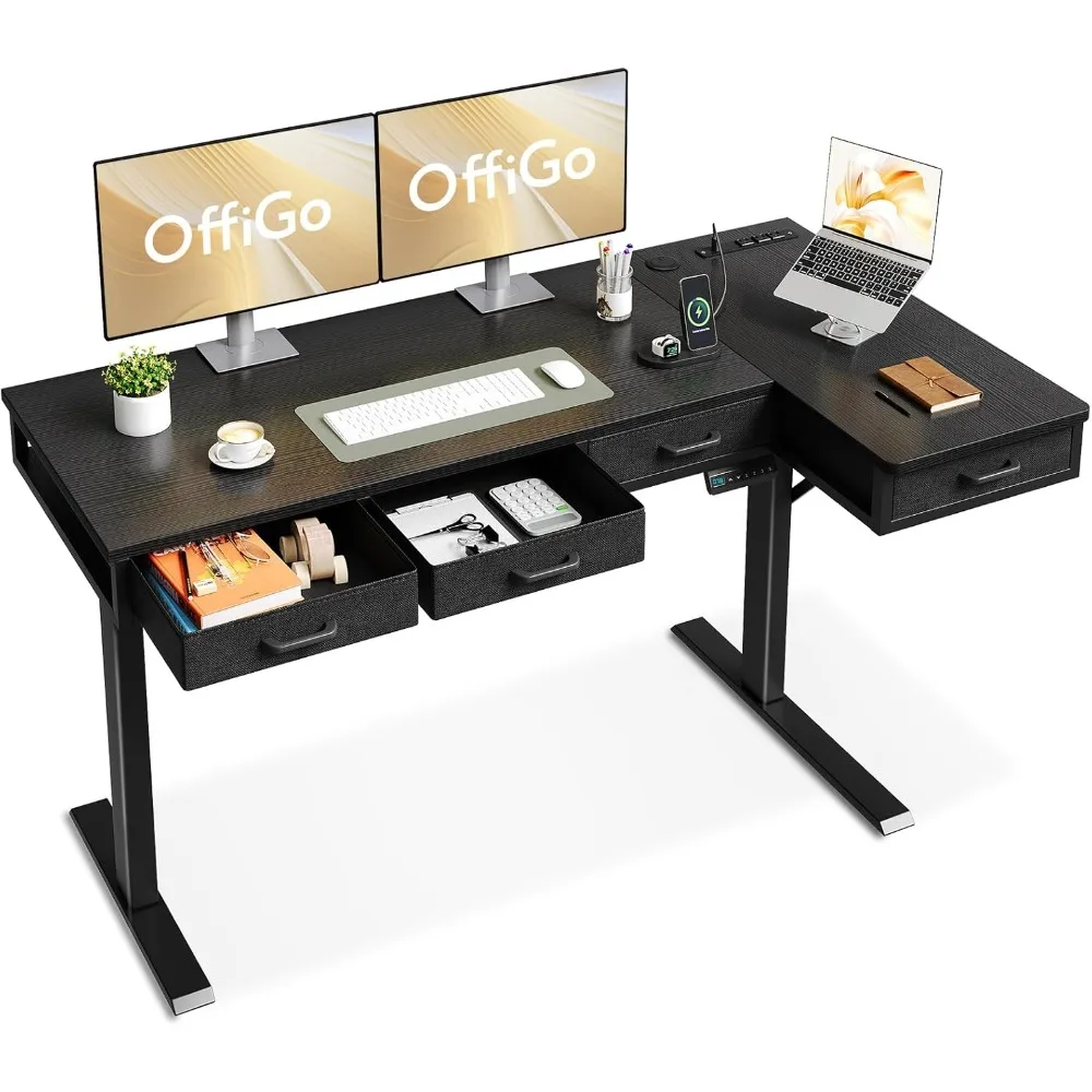 

63 Inch L Shaped Electric Standing Desk with Drawers, Height Adjustable Large Desk with Power Outlets, Sit Stand Table, Writing