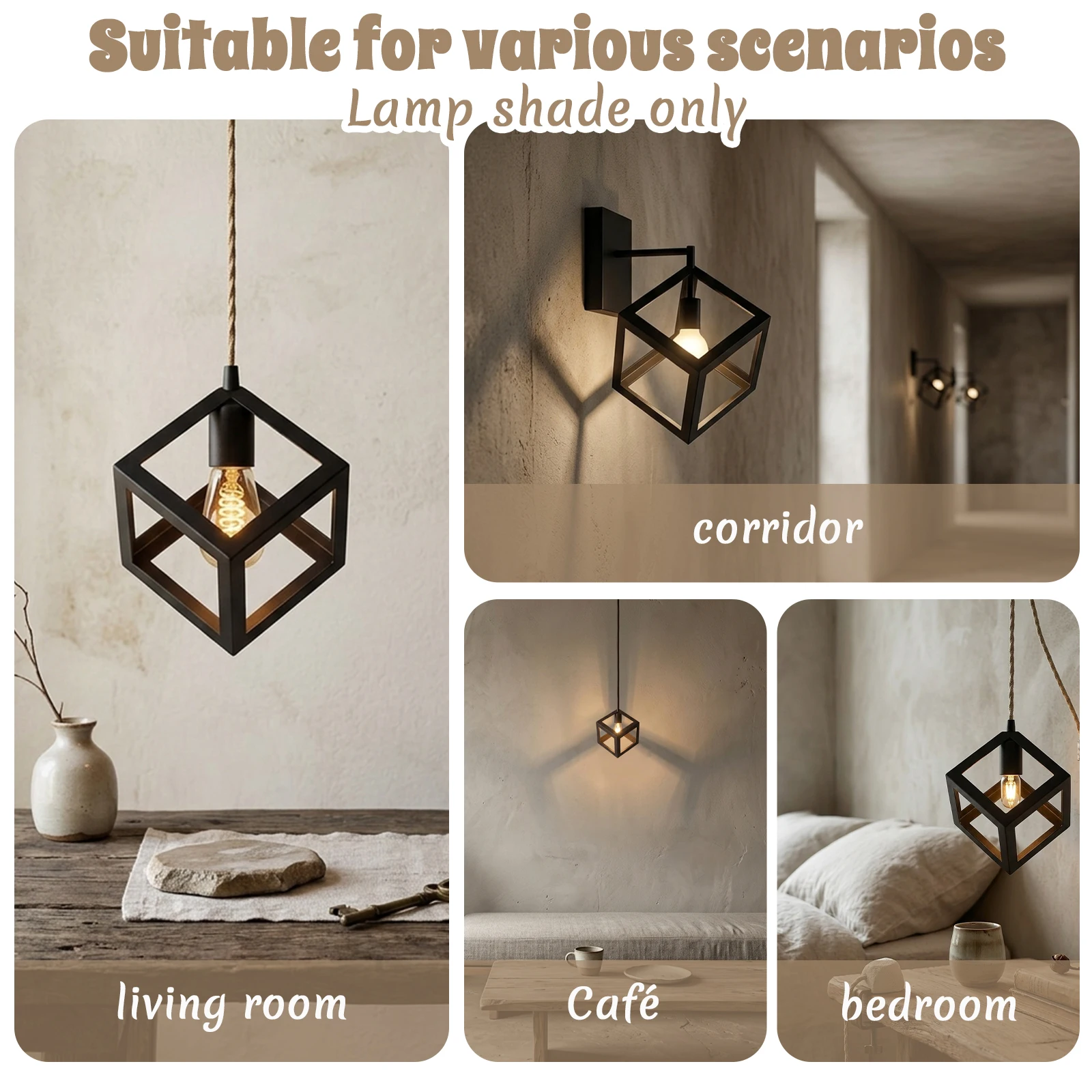 Black Metal Cube Lamp Shade, Square Geometric Frame for Pendant Table Wall Lamp Replacement