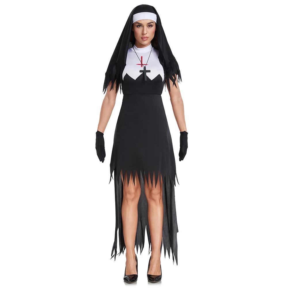 Freira Halloween Cosplay Fantasia, Preto, Medo, Irmã pecaminosa Trajes, Vampiro Demônio, Vestido extravagante