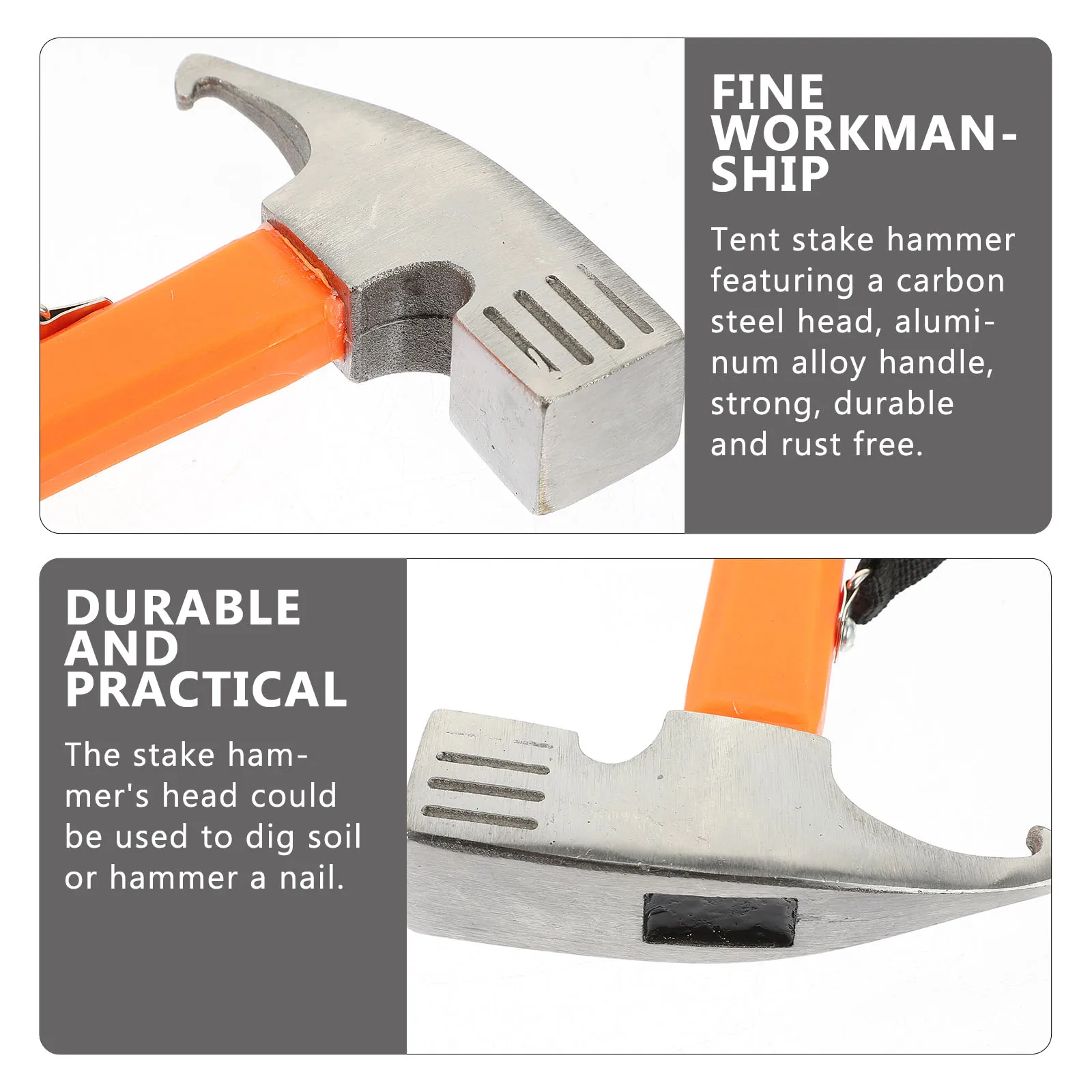 

Tent Hammer Carbon Steel Head Ergonomic Handle Outdoor Camping Multi-Function Stake Mallet Nail Puller Bottle Opener Durable