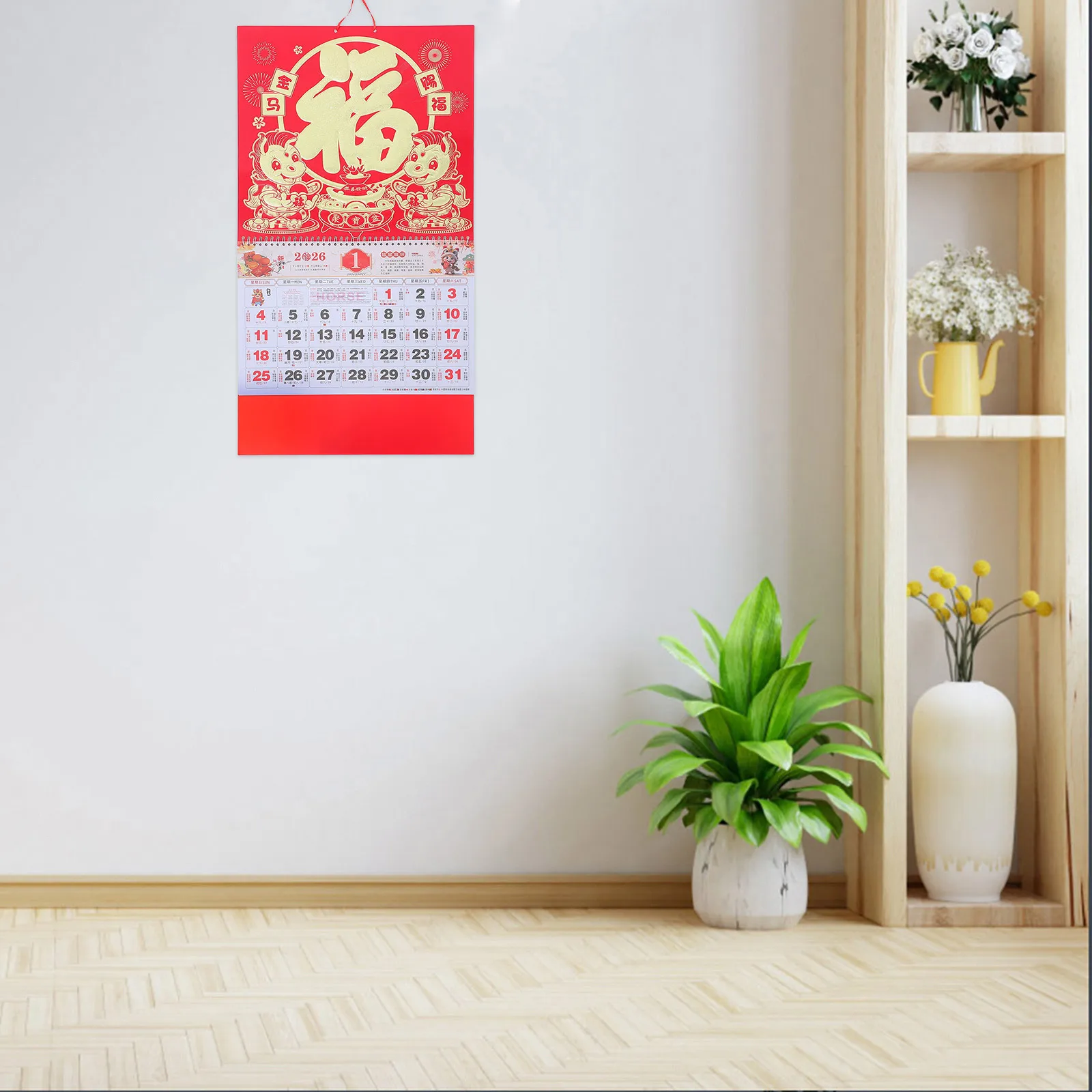 2 Stück 2026 Hängekalender Jahr des Pferdes Chinesisches Sternzeichen Monatlicher Mondplaner Rot Traditionelles Design Home Office Dekor