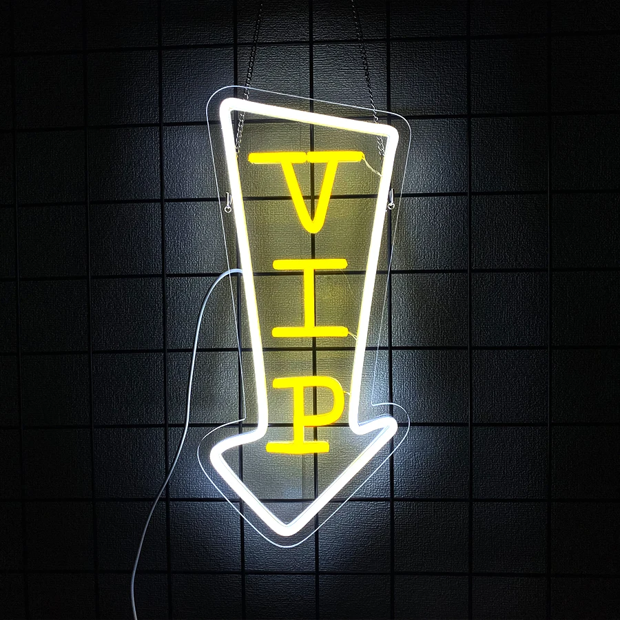 VIP Arrow Neon Sign USB Powered White Yellow LED Wall Decor for Bar Night Club Hotel Beauty Salon Shop Business Guide Decor Gift