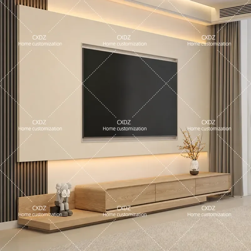 Modern Telescopic TV Cabinet Solid Wood Log Color Floor Storage Unit Simple Living Room Furniture Coffee Table Combination