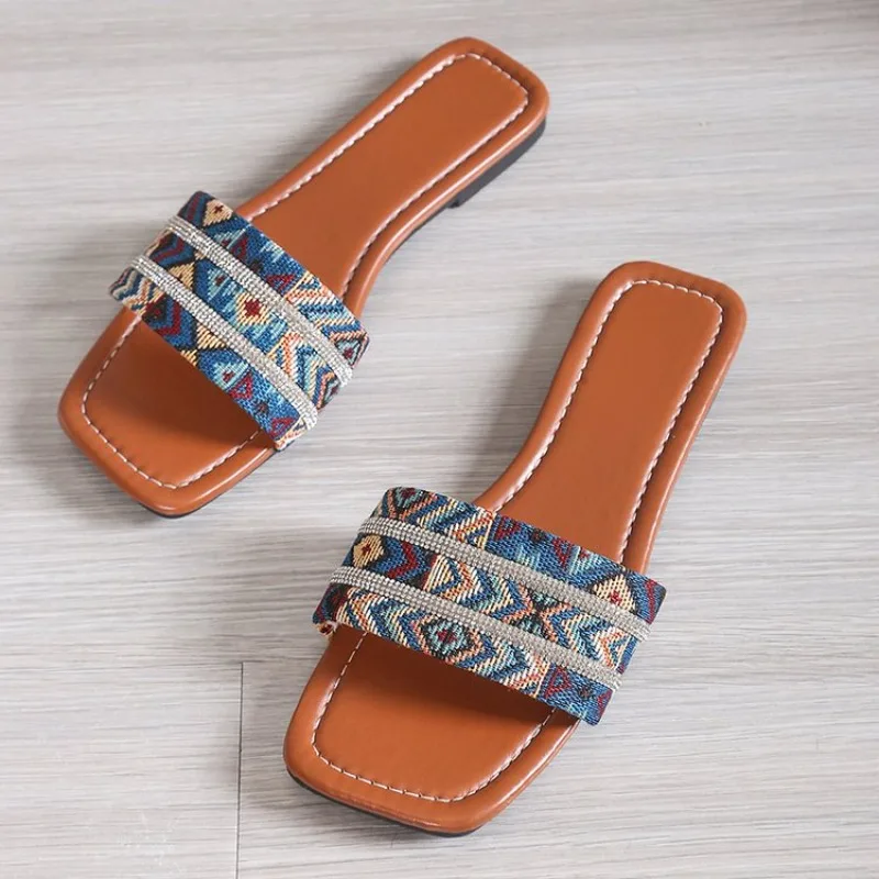 

Bohemian Mix Color Flat Slides for Women Retro Square Toe Low Heel Slippers Woman Summer Beach Soft Bottom Slippers Female