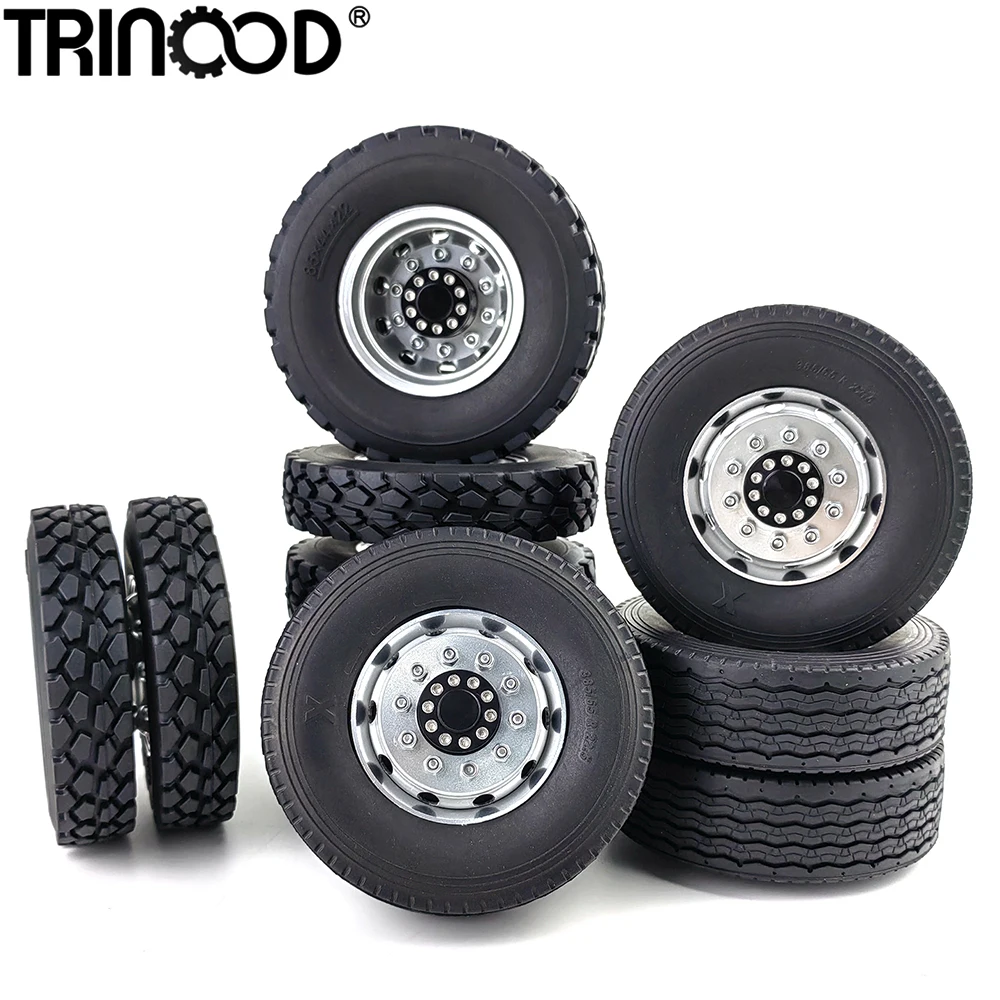 TRINOOD 22-25mm Rubber Tyre Front&Rear Wheel Hub Wheel Tires Complete Set for Tamiya 1/14th Scale 8x8 RC Tractor Truck Car