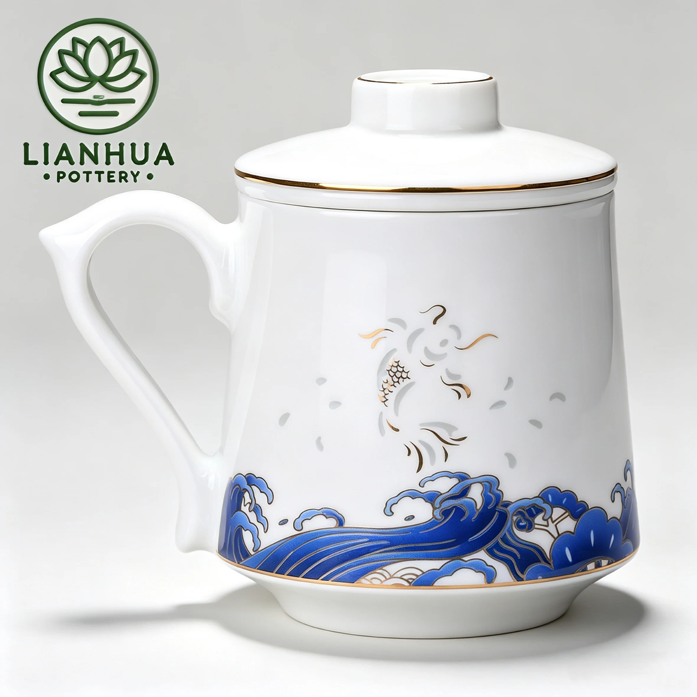 LIANHUA POTTERY Linglong Porcelain Mug with Infuser 500ml Handcrafted Golden Koi and Blue Wave Design Luxury Anniversary Gift