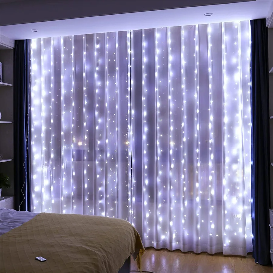 2024 New Year Christmas Decoration String Light USB Remote 8 Modes 3*3M Fairy Curtain Light Garland for Home Bedroom Living Room