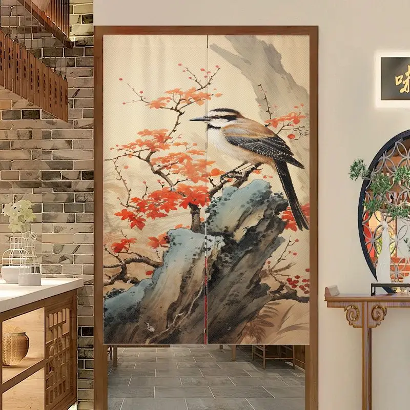 VIKAMA Chinese Gongbi Sparrow Camellia Flower Door Curtain Beige Background Small Bird Branch Painting Art Linen Noren Bedroom