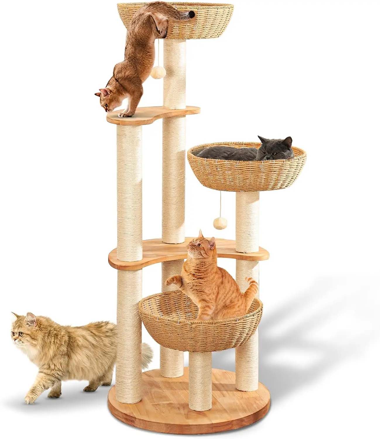 Indoor Cat Tree Tower, Solid Oak, Scratch Tree with Hand-Woven Basket, Perch Climbing, Easy to Clean