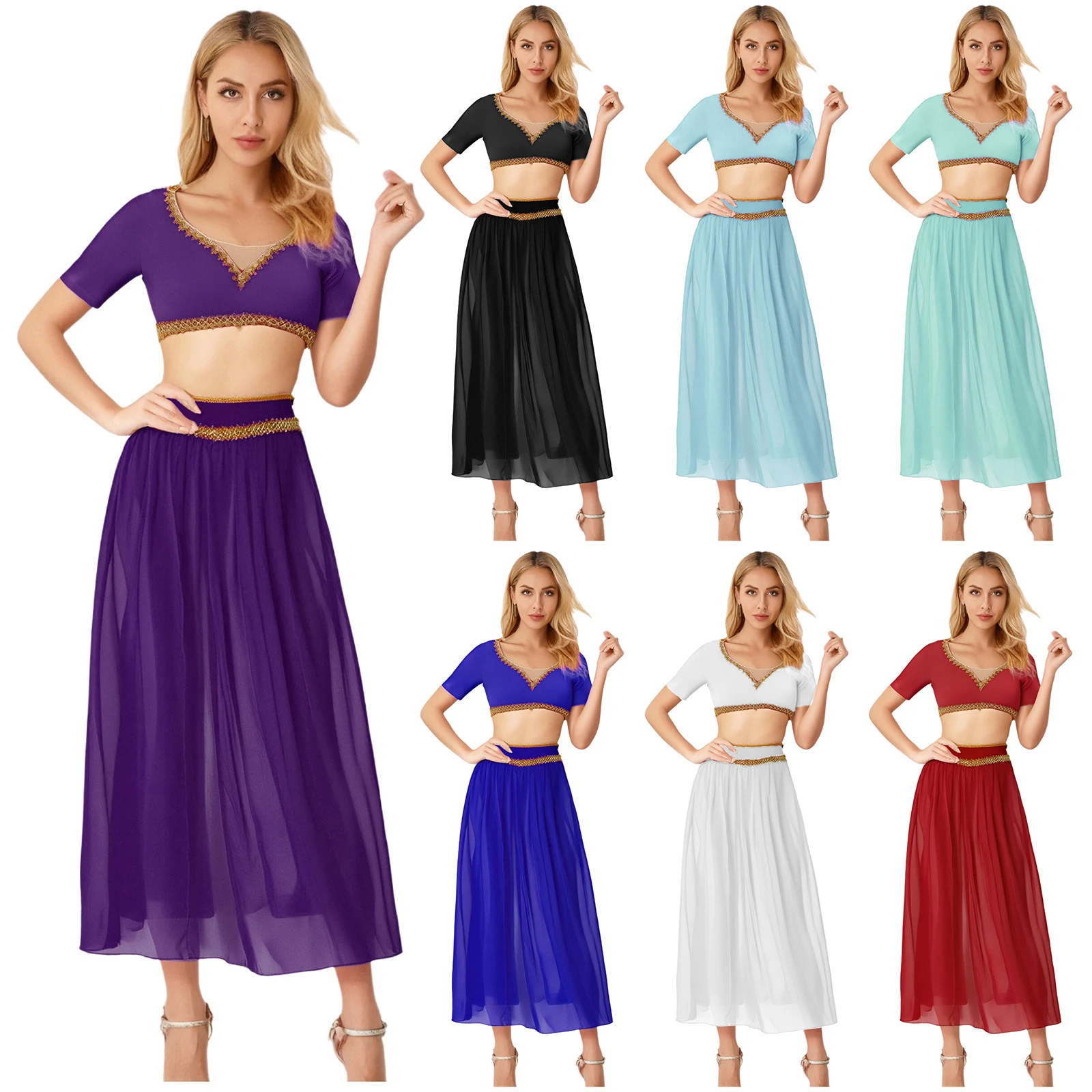 ผู้หญิง Lyrical Belly Dance Crop Tops SHEER ตาข่ายกระโปรงชุดพื้นบ้านอาหรับอินเดีย Princess COSPLAY PARTY ชุด