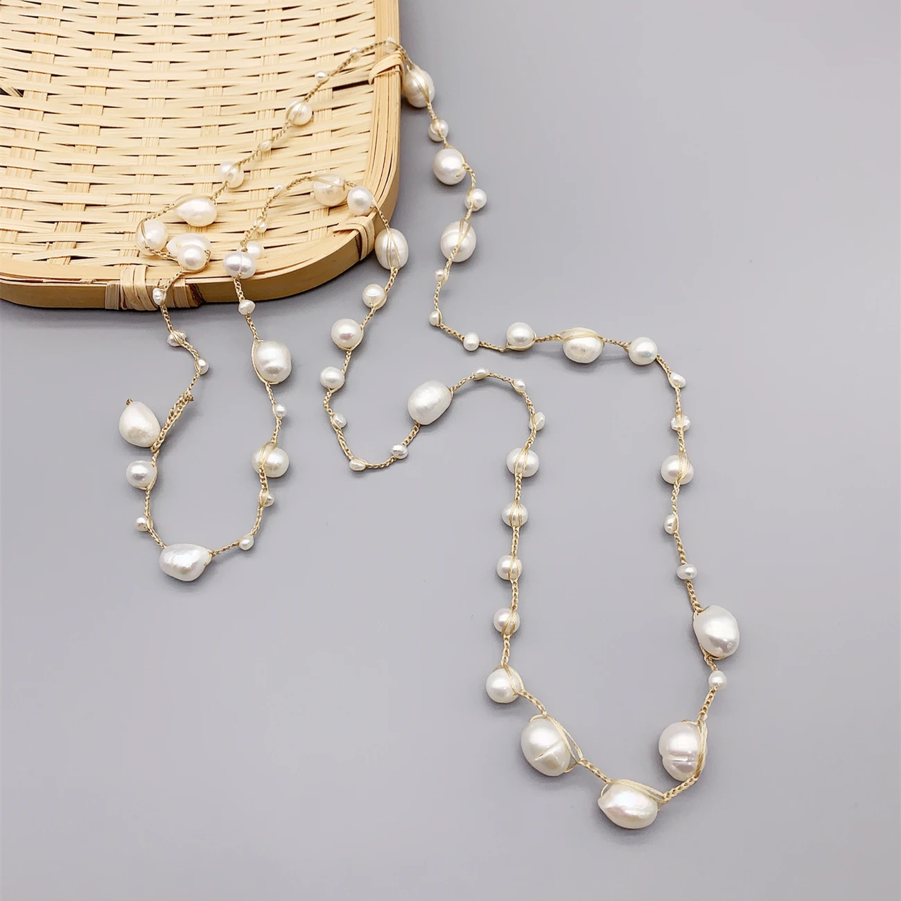 FoLisaUnique Handmade Braid Crochet Freshwater White Pearls Necklace For Women Casual Jewelry Baroque Long