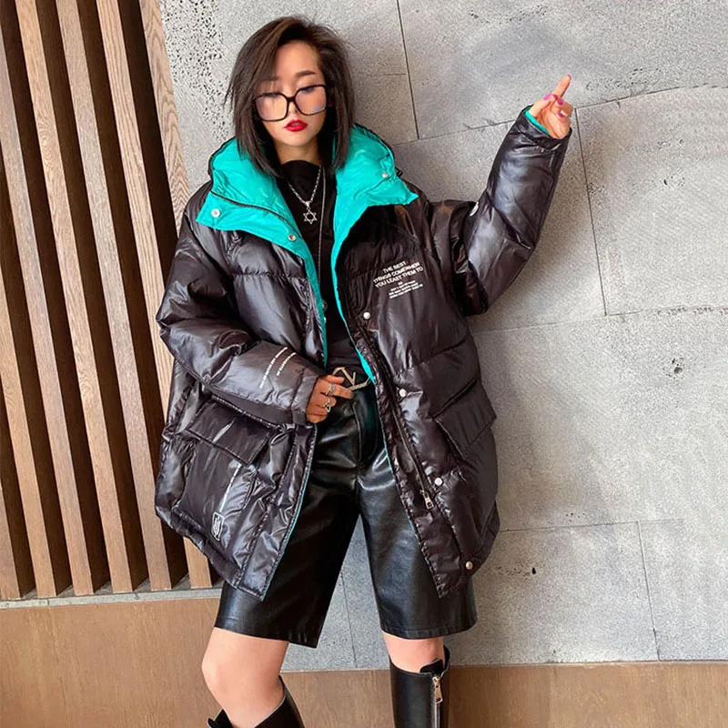 ZURICHOUSE Winter Coat Women Hooded Jacket 2024 Loose Fit Fashion Hit Color Liner Design Thick Warm Down Padded Parka