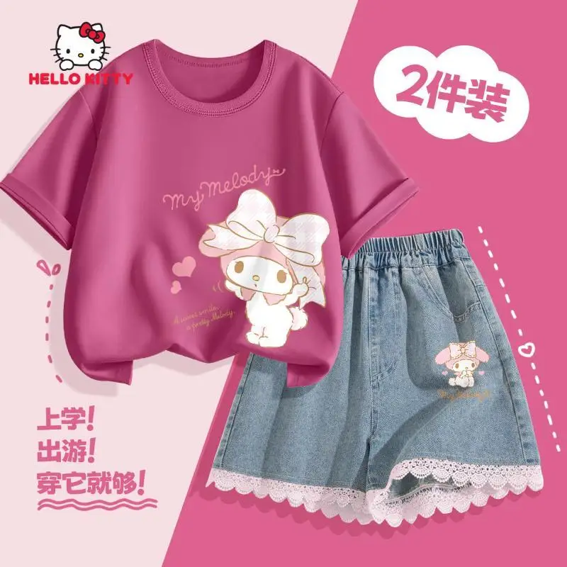 

Sanrio Girls Summer New Style 2Pcs Hello Kitty Children Casual Short Sleeve My Melody Girls T-Shirt All-Match Denim Shorts Hot