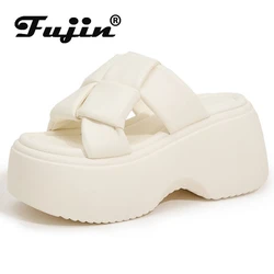 Fujin 8.5cm New Microfiber Synthetic Leather 2024 Women Sandal Slippers Pumps Platform Wedge Flats Summer Peep Toe Fashion Shoes