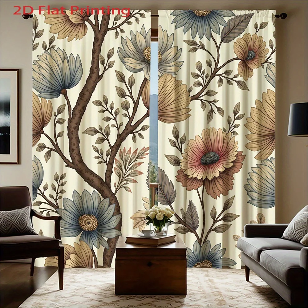 Vintage Floral Curtains 2pcs – Large Scale Blue Brown Flowers on Beige, Elegant Botanical Decor for Living Room and Bedroom