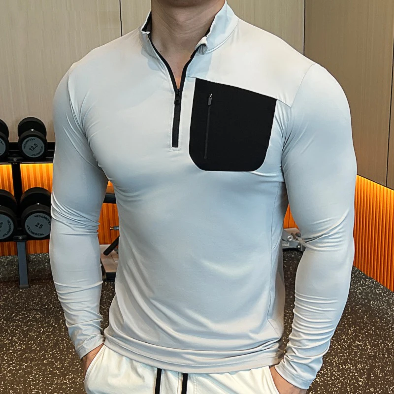 2026 Outdoor Men's Fashion Long Sleeve Stand Collar Half Zipper Stand Collar Sports Wear Resistant UV Protection Gym Sportswear