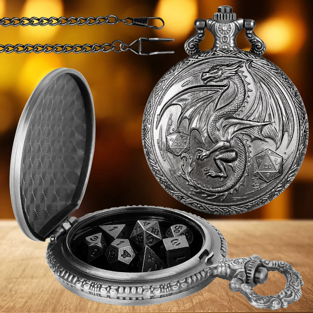 

Карманные часы с драконом, чехол для ювелирных изделий в стиле ретро, флип-чехол для карманных часов с драконом, DND Dice с поясной цепочкой 39 см, металлическая коробка для игральных костей с динозавром