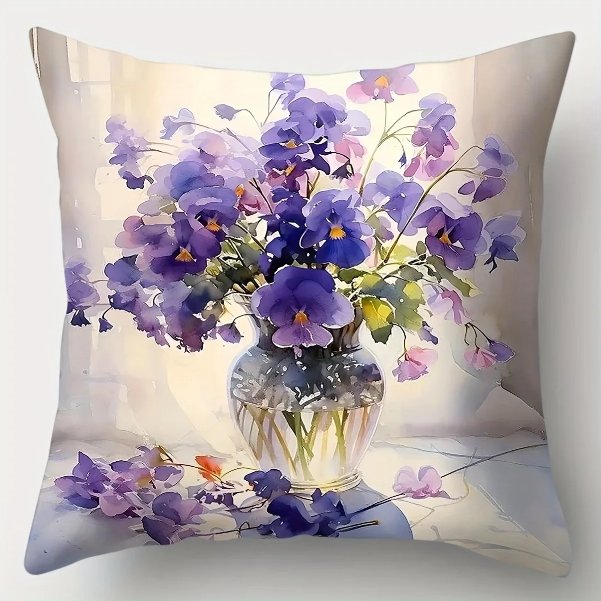Four-Piece Throw Pillow Set Featuring Watercolor Floral Arrangements of Purple Orchids, White Blossoms, and Mixed Bouquet