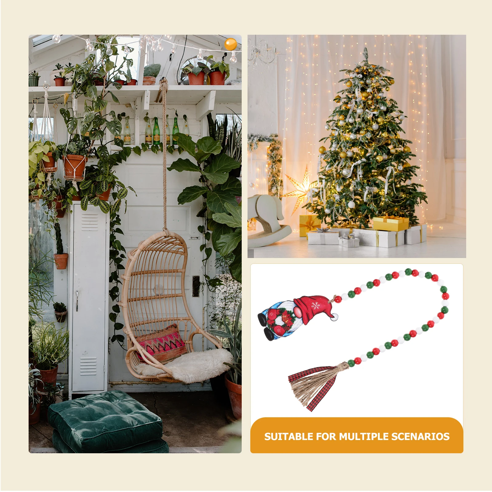 

Christmas Wooden Bead Garland With Gnome Tag Rustic Farmhouse Style Tassel Pendant Xmas Party Hanging Ornament Home Decoration