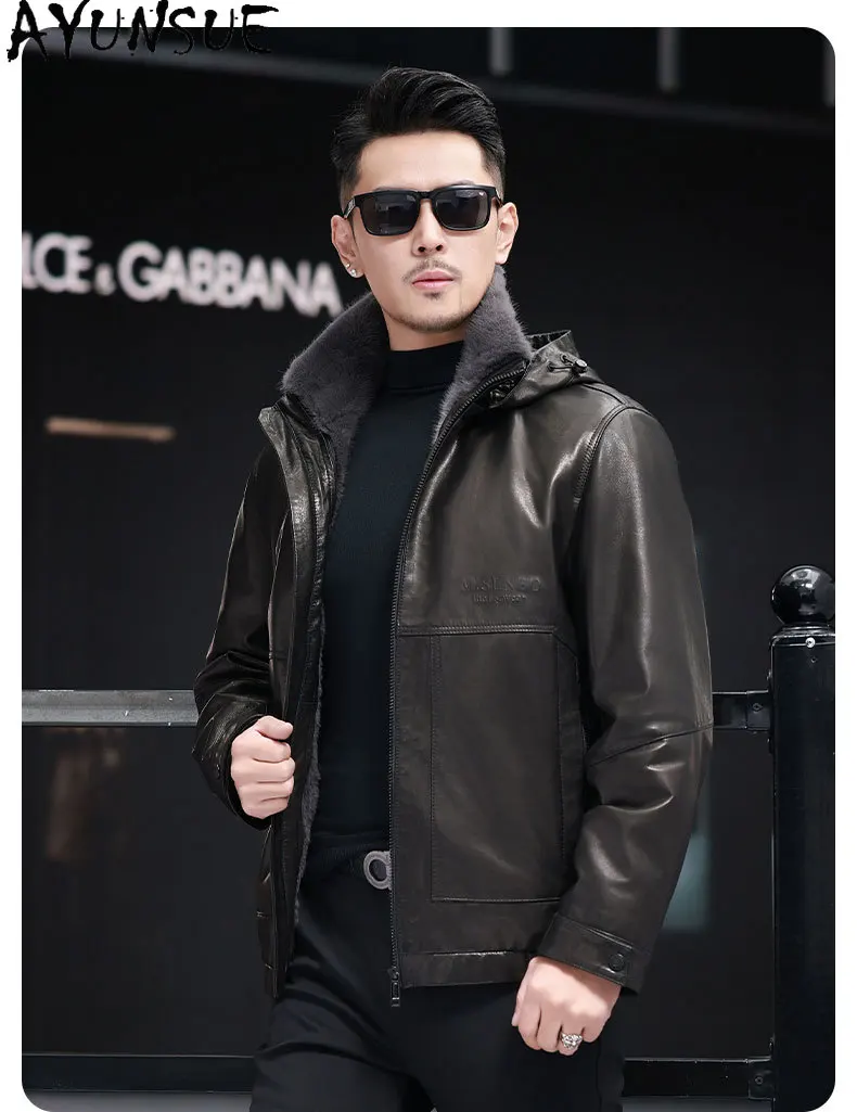 AYUNSUE Real Goatskin Genuine Leather Jacket Man Winter Detachable Rex Rabbit Fur Liner Coat Hooded Warm Fur Coats Mink Collar