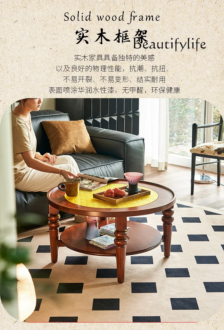 

Retro round Coffee Table Solid Wood Glass Small Tea Table Living Room Home Double-Layer Middle Ancient Creative Side Table