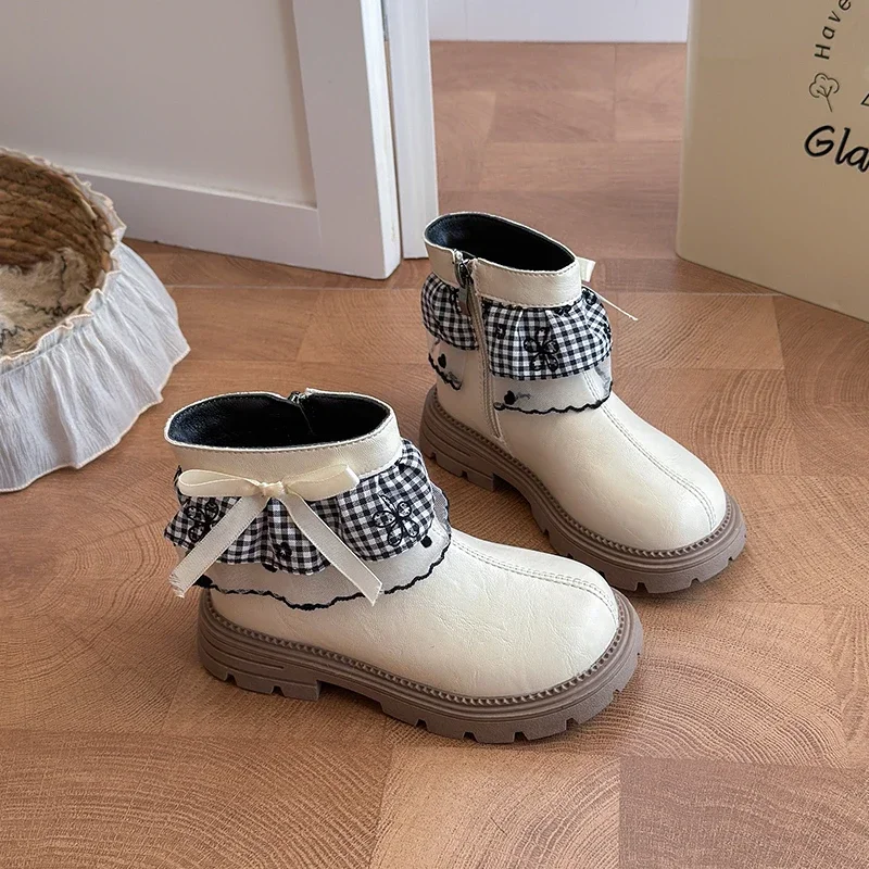 Girls Ankle Boots Gingham Ruffle & Bow Decor, Smooth PU Inner Zipper Thick Non‑Slip Sole Sweet Kids Fashion Short Boots