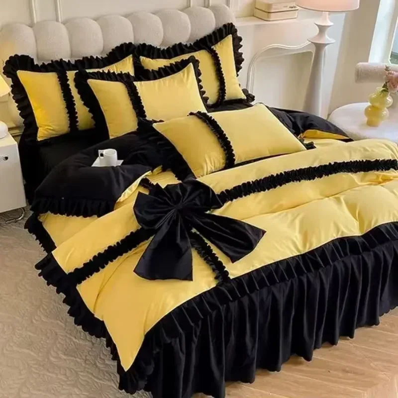 High Quality Large Bow Lace Duvet Covers Four Piece Set Anti Slip Lace Bed Skirt and Bed Cover Princess Style Frosted Bed Sheet