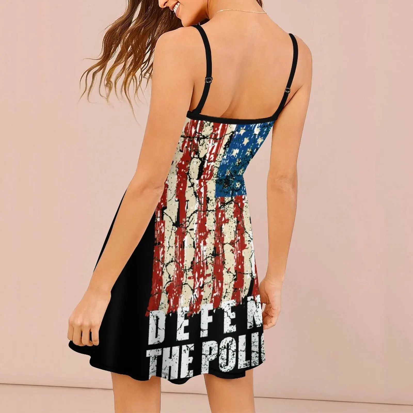 Defend-the-police-American-Flag-Defend-The Women's Sling Dress Cute Sexy Woman's Clothing Humor Graphic  Parties Suspender Dress