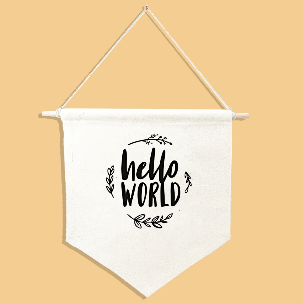 Hello World Hanging Wall Canvas Hanging Pennant Flag Banner for Baby Girl Boy Nursery Teen and Kids Room Wall Decor Accessories