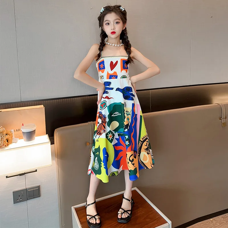 Teen Girl One-Piece Dress for Summer New Fashion Beach Vacation Costume Chiffon Bohemia A-Line Abstract Print Children Clothing