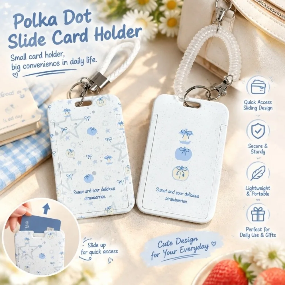 Hard Plastic Card Holder Polka Dots Blue Star Pattern ID Badge Holder with Wrist Lanyard Slide Cover Access Control Card Holder