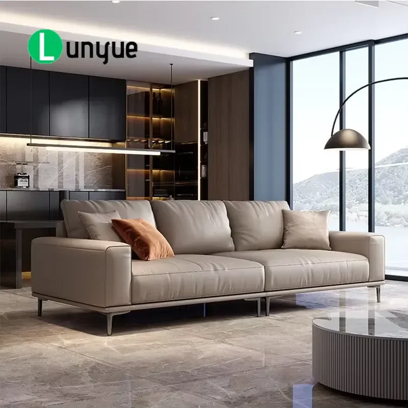 Genuine Leather Sofa Italian Style 4 Seater Grey Real Leather Couch Set Modern Living Room Furniture Comfortable Durable Home