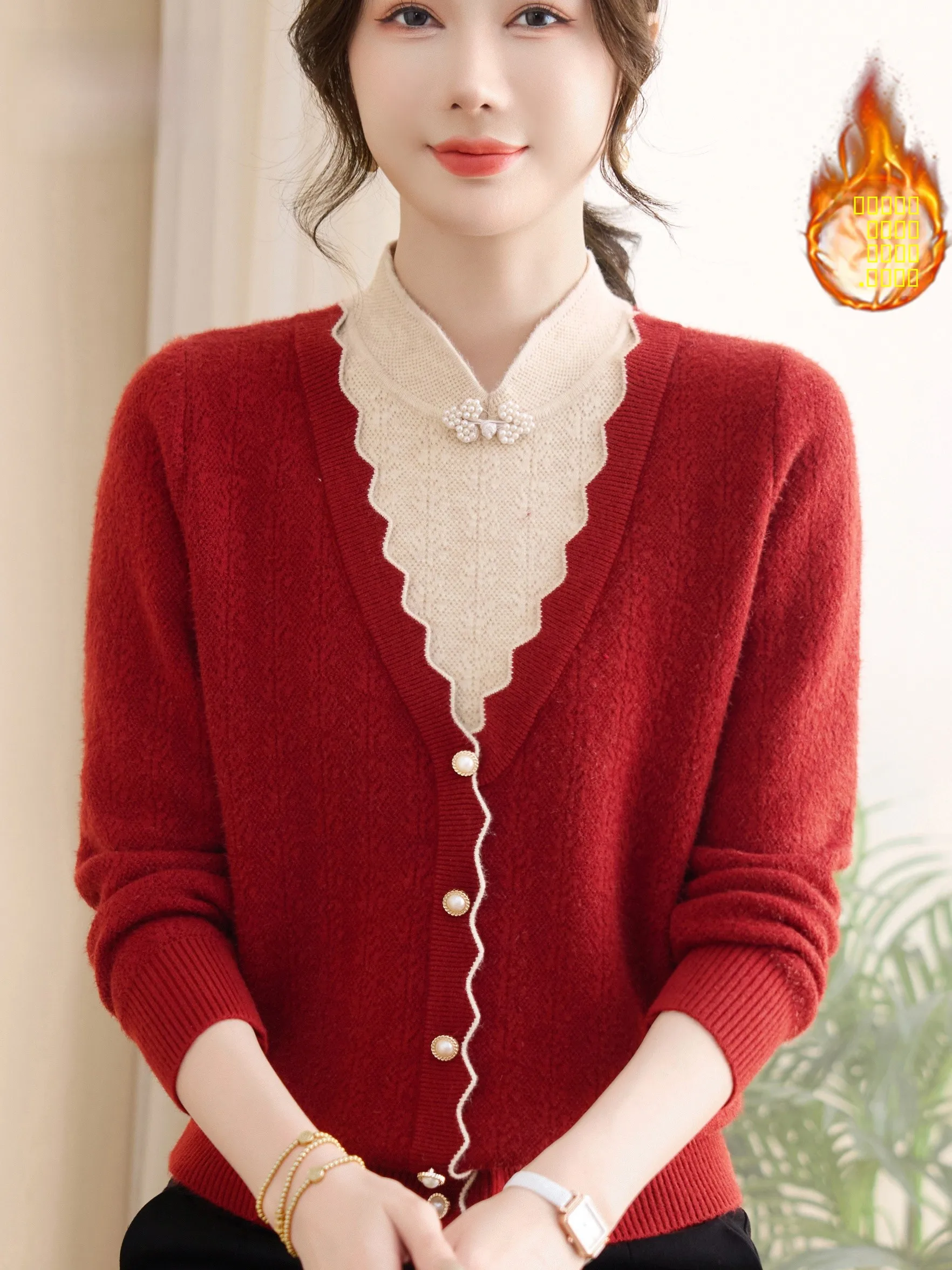 

Autumn Winter Thiened Fce Lined Knitted Base irt for Older Women Warm Sli Sweater Faionable Stand Collar Long Sl...