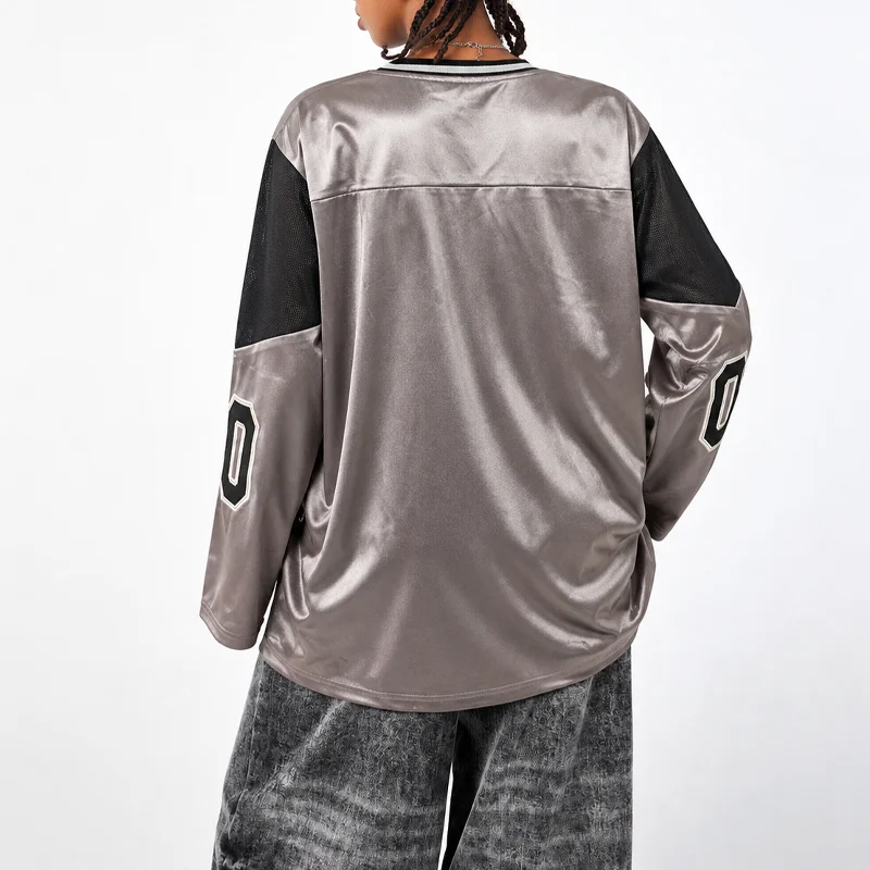 Women Grey Long Sleeve  V Neck Number 00 Print Mesh Patchwork Sportswear Y2K 90s Vintage Streetwear Hip Hop Oversized Tops